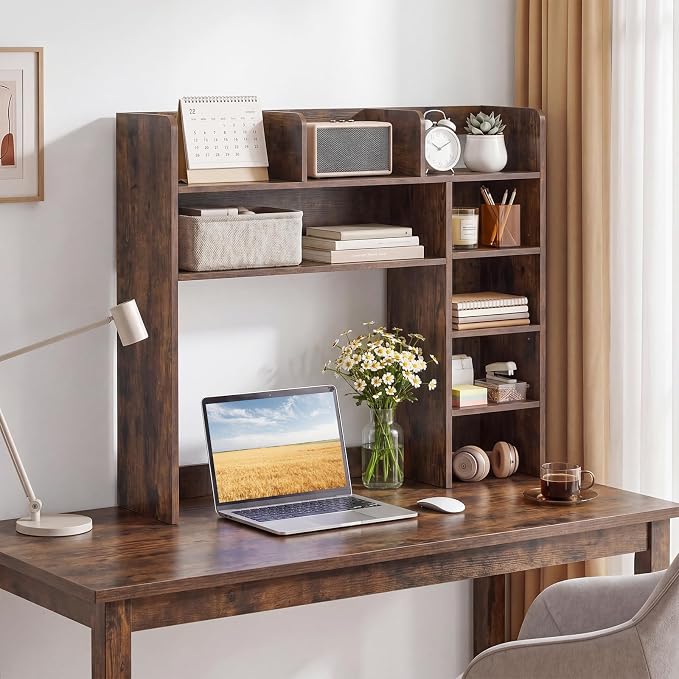LDAILY Desktop Bookshelf with LED Lights, 35.5’’ Wooden Desk Shelf with 8 Cubes & 3 Adjustable Storage Shelves, 5-Tier Desk Hutch for Dorm College Office Computer Monitor Up to 25’’(Rustic Brown)