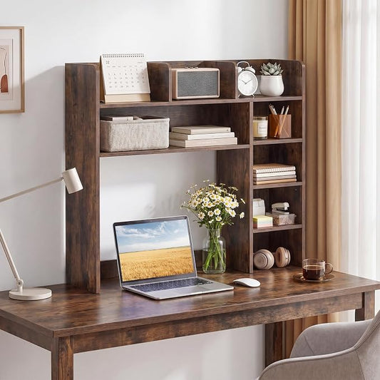 LDAILY Desktop Bookshelf with LED Lights, 35.5’’ Wooden Desk Shelf with 8 Cubes & 3 Adjustable Storage Shelves, 5-Tier Desk Hutch for Dorm College Office Computer Monitor Up to 25’’(Rustic Brown)
