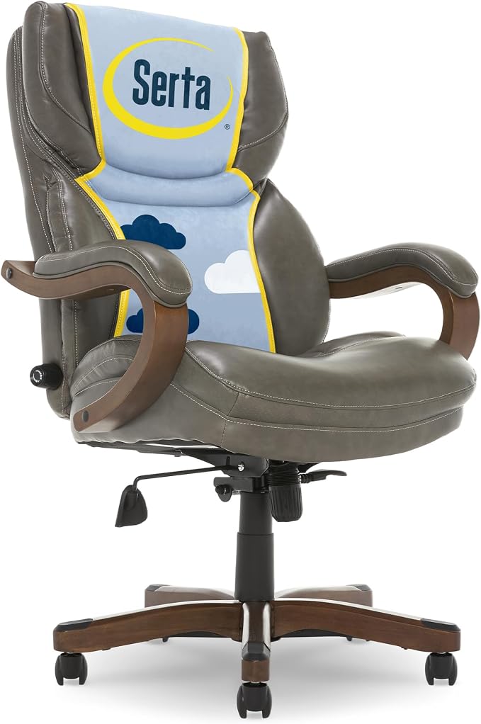 Serta Conway Big & Tall Executive Office Chair, Ergonomic High-Back with Adjustable Lumbar, Semi Plush Cushion and Body Pillows, Padded Armrests, Wooden Swivel Base, Bonded Leather, Gray