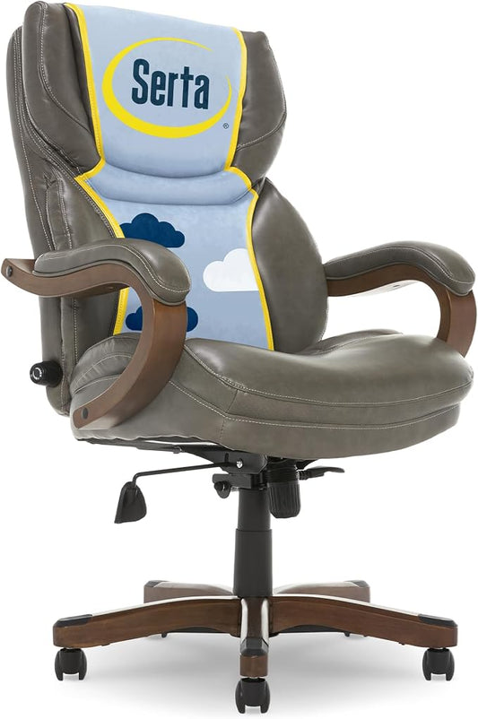 Serta Conway Big & Tall Executive Office Chair, Ergonomic High-Back with Adjustable Lumbar, Semi Plush Cushion and Body Pillows, Padded Armrests, Wooden Swivel Base, Bonded Leather, Gray