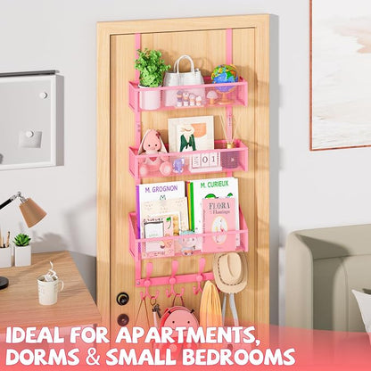 Kaiferty Over The Door Hooks Organizer, Coat Rack Over The Door Storage Hanger Towel Rack, Back of Door Storage Organizer for Bathroom,Bedroom,Kitchen,Office (Pink, 4-Tier)