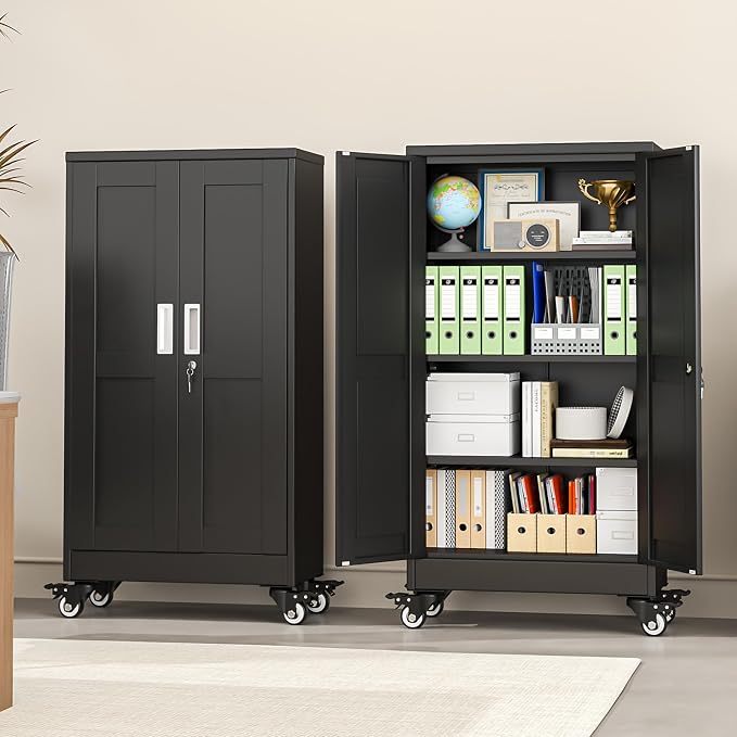 pozdeg 45.6" Metal Garage Storage Cabinets with Wheels, Lockable Rolling File Cabinets with 2 Doors and 3 Adjustable Shelves, Steel Tool Organizer Locker for Office Home Garage Gym School, Black