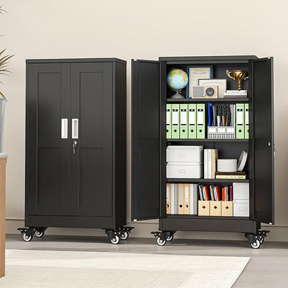 pozdeg 45.6" Metal Garage Storage Cabinets with Wheels, Lockable Rolling File Cabinets with 2 Doors and 3 Adjustable Shelves, Steel Tool Organizer Locker for Office Home Garage Gym School, Black