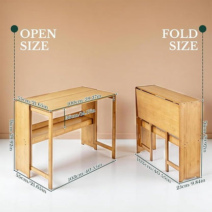 41'' Bamboo Folding Desk with Bookshelf, Space-Saving Computer Desk, Mid Century Modern Foldable Study Table for Home Office, Bedroom, Small Spaces - Primary Color