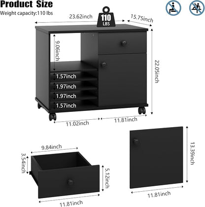 Quikraen Wooden Rolling File Cabinet Black | Mobile Lateral Office Filing Cabinets with Doors Under Desk Cabinet for Office Supplies