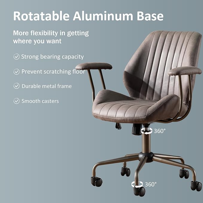 Mid Back Home Office Chair, Mid Century Modern Executive Chair, Comfy Ergonomic Rolling Office Desk Chair with Lumbar Support, Faux Leather Office Chair, Dark Gray