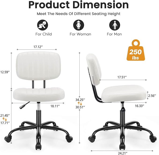 YSSOA Small Desk Chair with Wheels, Armless Office Chair No Arms, Comfy PU Leather Computer Task Chair Swivel Rolling Chairs for Small Space, Home, Adults, Students, Beige White