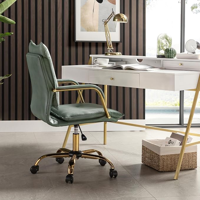 HULALA HOME Faux Leather Home Office Desk Chair, Adjustable Swivel Computer Chair with Golden Legs and Arms, Comfy Upholstered Task Chair, Sage