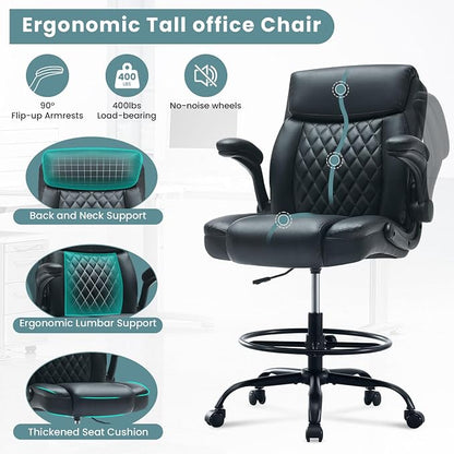 MAHOMICO Drafting Chair for Standing Desk – Tall Office Chair with Adjustable Height & Foot Ring, Flip-Up Arms, Lumbar Support – Comfortable Leather Seat, Ideal Home Desk Chair