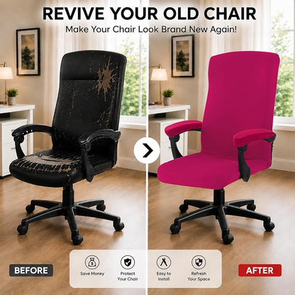 Stretch Computer Office Chair Cover with Armrest Covers Durable Zipper Universal Washable Removable Spandex Rotating Boss Chair Slipcovers Anti-dust Soft Desk Chair Seat Protector, Hot Pink