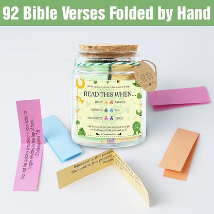 St Patricks Day Version Bible Verses Jar – St. Patrick’s Day Gifts for Women, 92 Bible Jar Folded by Hand, Glass Jar with Cork Lid, Gift Box