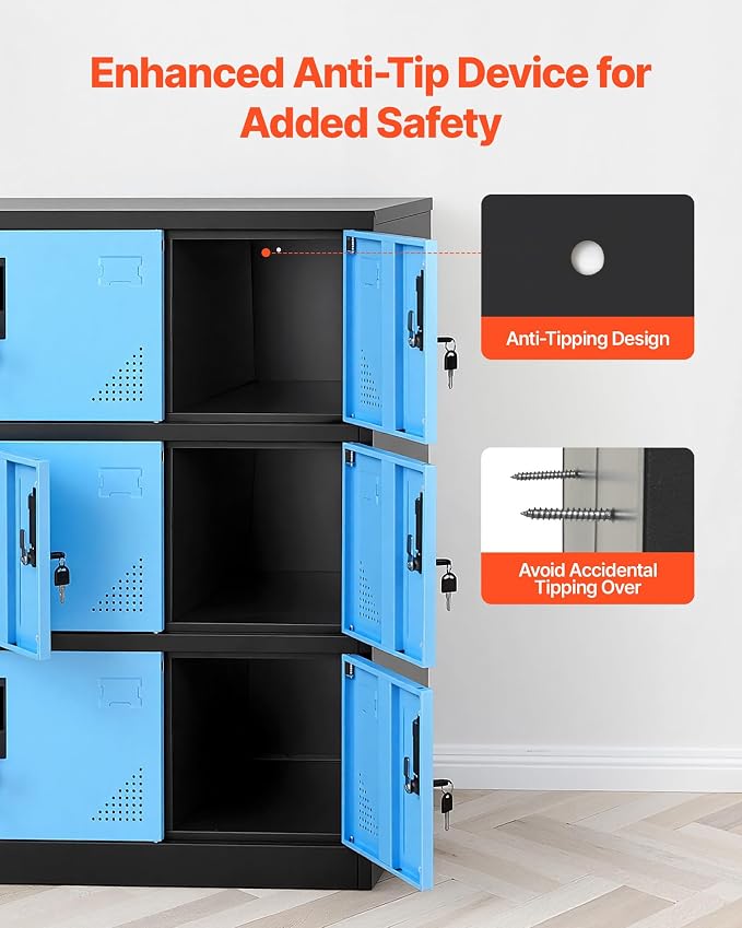 VEVOR 9 Doors Metal Locker for Employees, Steel Locking Storage Cabinet with Card Slot and Ventilation, 2 Keys for Each Door, Employee Lockers for Office, School, Gym, Home, Easy Assembly, Blue&Black