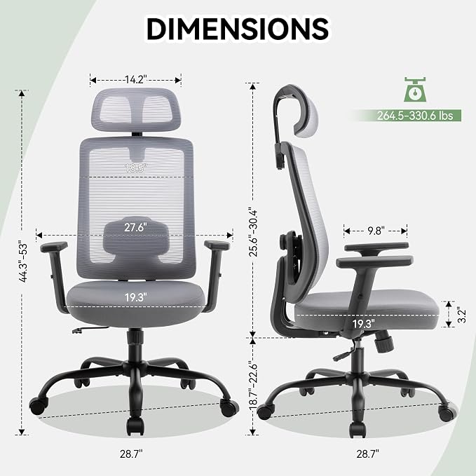 Ergonomic Office Chair, Office Desk Chair with High Back Mesh and Adjustable Lumbar Support, Rolling Work Chairs with Wheels and Adjustable Headrests, Wide Cushion, Grey