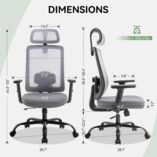 Ergonomic Office Chair, Office Desk Chair with High Back Mesh and Adjustable Lumbar Support, Rolling Work Chairs with Wheels and Adjustable Headrests, Wide Cushion, Grey
