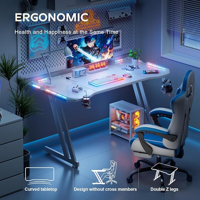 HLDIRECT 47 Inch Gaming Desk with LED Lights Carbon Fibre Surface Gaming Table Large Computer Desk Ergonomic Home Office Desks Z Shaped PC Gamer Workstations with Cup Holder & Headphone Hook White