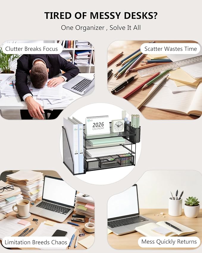 WALI Desk File Organizer, 4 Tier Desktop Paper Letter Tray Organizer with Drawer and 2 Pen Holders, Office Desk Accessories & Workspace Organizers for Office, Home Supplies(DO005DH-B), 1 Pack, Black
