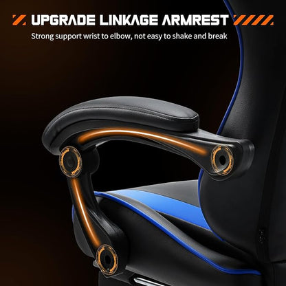 Sweetcrispy Video Game Desk Chair, High Back Ergonomic PU Leather Computer Gaming Chair with Adjustable Headrest & Footrest, Linkage Armrest and Height Adjustable, 360° Swivel, for Adults, Blue
