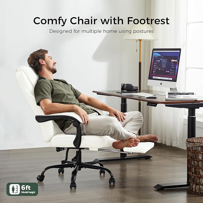 amseatec Office Chair, Big and Tall Office Chair with Foot Rest Ergonomic Chair Home Office Desk Chairs Reclining High Back Leather Chair with Lumbar Support(White)