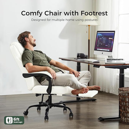 amseatec Office Chair, Big and Tall Office Chair with Foot Rest Ergonomic Chair Home Office Desk Chairs Reclining High Back Leather Chair with Lumbar Support(White)