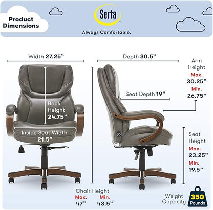 Serta Conway Big & Tall Executive Office Chair, Ergonomic High-Back with Adjustable Lumbar, Semi Plush Cushion and Body Pillows, Padded Armrests, Wooden Swivel Base, Bonded Leather, Gray