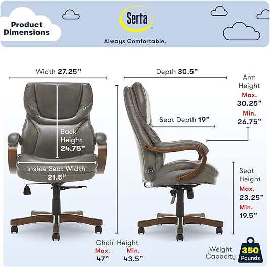 Serta Conway Big & Tall Executive Office Chair, Ergonomic High-Back with Adjustable Lumbar, Semi Plush Cushion and Body Pillows, Padded Armrests, Wooden Swivel Base, Bonded Leather, Gray