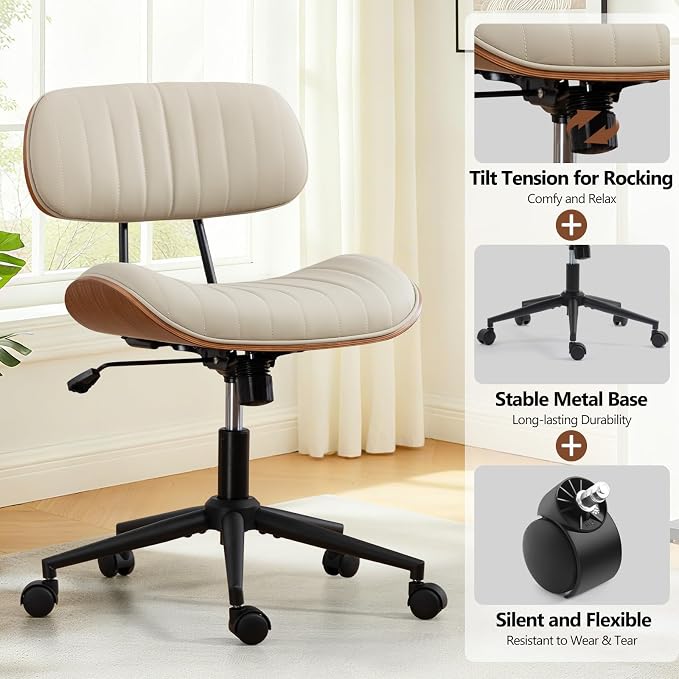 Home Office Chair with Wheels, Adjustable Height Leather Swivel Desk Computer Chair, Armless Modern Walnut Chair for Office, Meeting Room, White