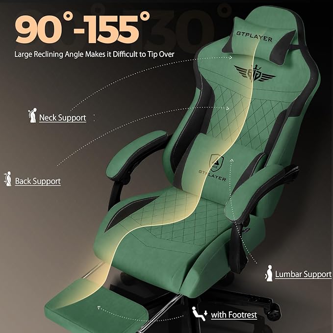 GTPLAYER Gaming Chair with Footrest, Big and Tall Game Chair High Back Computer Office Chair with Lumbar Support for Adults, Ergonomic Swivel Games Chair with Cushion Gaming, Fabric Green