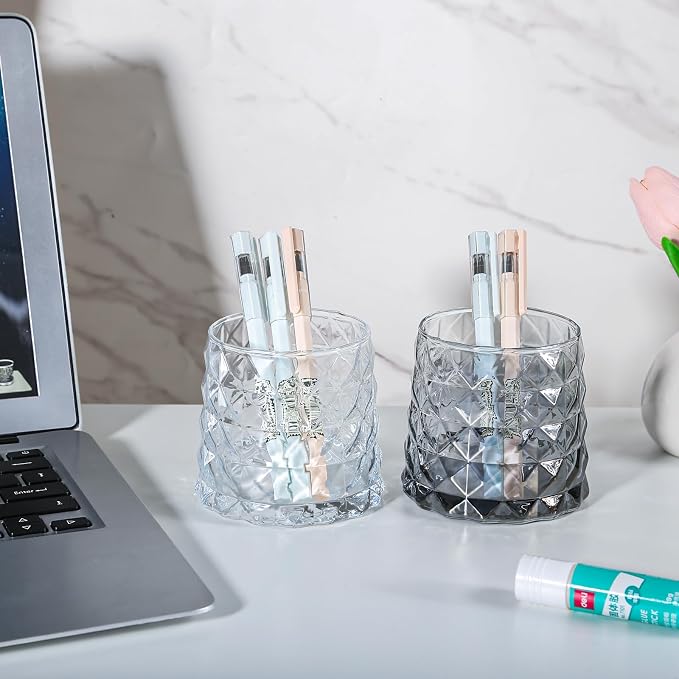 DASITON Glass Makeup Brush Holder Organizer, Diamond Pattern Cosmetic Storage Cup, Makeup Organizer for Vanity, Bathroom Countertop Toothbrush Holder, Desk Pen Pencil Holder (Clear)