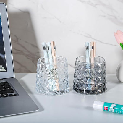 DASITON Glass Makeup Brush Holder Organizer, Diamond Pattern Cosmetic Storage Cup, Makeup Organizer for Vanity, Bathroom Countertop Toothbrush Holder, Desk Pen Pencil Holder (Amber)