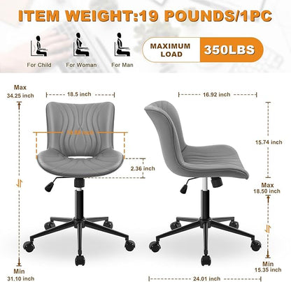 Armless Office Chair, Height Adjustable Desk Chair with Wheels, Ergonomic Comfy 360° Swivel Home Office Computer Task Chair, Faux Leather Padded Cute Vanity Chair, Gray
