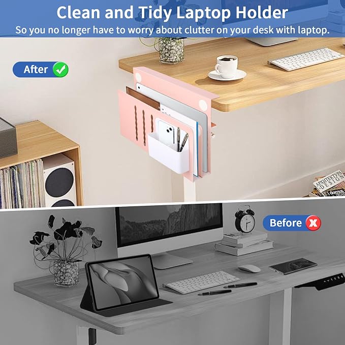 LUKETURE Desk Side Storage, 2 Tier Steel Hanging Organizer, No Drill Side Desk Organizer, Laptop Holder, with Pen Holder, Hanging Table Storage for Office Home, Fits Flat Edge Tables 0.3" to 2.8" | Sturdy Steel Double Tier Strong, Magnetic Pen Holder, ...