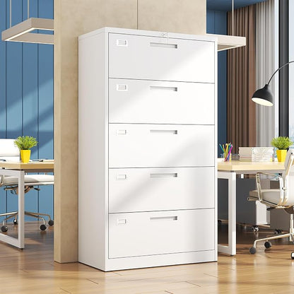 5 Drawer File Cabinet, White Metal Lateral File Cabinet with Lock, Office Filing Cabinet for Legal/Letter/A4/F4 Size with Hanging Files, Lockable File Cabinets for Home Office