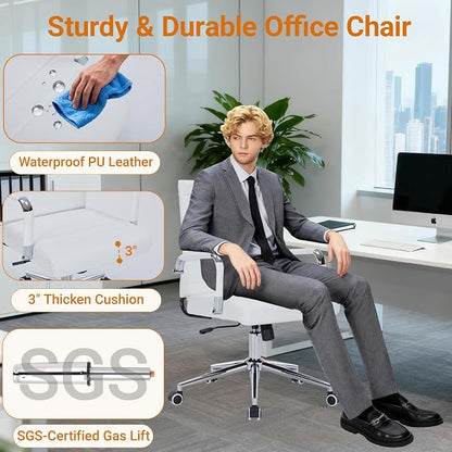 Sidanli Ergonomic Desk Chairs, Executive Swivel Leather Mid Back Chair with Smooth Rolling Wheels for Office, Conference Room White