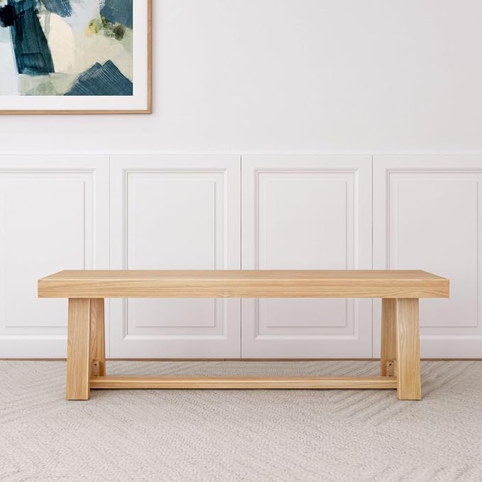 Plank+Beam 60 Inch Farmhouse Dining Bench, Solid Wood Entryway Bench, Wooden Outdoor Bench, Kitchen Dining Seat, Dining Room, Home Office, Living Room Furniture, Easy Assembly, Blonde Wirebrush