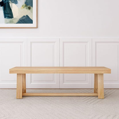Plank+Beam 60 Inch Farmhouse Dining Bench, Solid Wood Entryway Bench, Wooden Outdoor Bench, Kitchen Dining Seat, Dining Room, Home Office, Living Room Furniture, Easy Assembly, Blonde Wirebrush