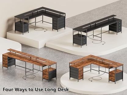 Furologee 95" Two Person Computer Gaming Desk, Long 2 Person Home Office Desk with 6 Drawers & Storage Shelves, Double Table with Power Outlets, LED Lights and Full Monitor Shelf, Black