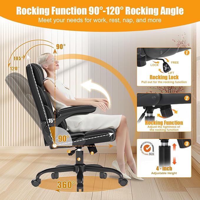 Executive Office Chair with Flip-up Armrests,Ergonomic Computer Desk Chairs,Mid-Tall Back Leather Office Chair,Lumbar Support Swivel PC Chair with Rocking Function
