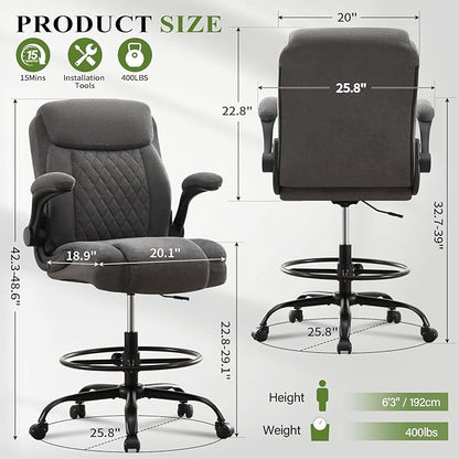 Drafting Chair Tall Office Chair for Standing Desk, Ergonomic Tall Desk Chair with Adjustable Foot Ring, Flip-Up Armrests, Lumbar Support, Swivel Rolling Task Chair for Home Office