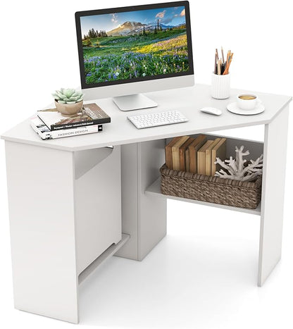 GOFLAME Corner Desk with Storage Shelves, Triangular Computer Desk with Cable Management Holes, Laptop Workstation for Small Space, Makeup Vanity Desk for Living Room, Study, White