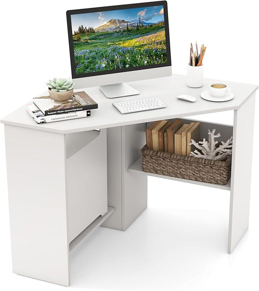 GOFLAME Corner Desk with Storage Shelves, Triangular Computer Desk with Cable Management Holes, Laptop Workstation for Small Space, Makeup Vanity Desk for Living Room, Study, White