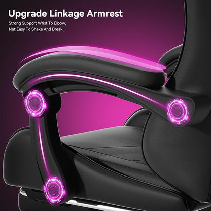 Gaming Chair with Footrest, Ergonomic Computer Gaming Desk Chair with Lumbar Support & Headrest, Adjustable High Back PU Leather Office Chair, Swivel Racing Style Gamer Chair, Black