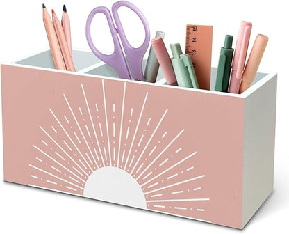 DILSJ Pink Boho Abstract Sunshine Pen Pencil Holder Organizer for Desk, Boho Office Decor, Pink Mid Century Modern Minimalist Sun Sunshine Wooden Box Signs for Home Office Desk Tabletop Decoration