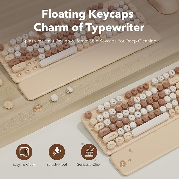 Wireless Keyboard and Mouse Combo, Round Keycaps, Full-Size Retro Typewriter-Style Keyboard with Magnetic Wrist Rest, Tilt Legs, 2.4GHz Cordless for Mac, Windows PC, Laptop, SABLUTE CK23, Latte Beige