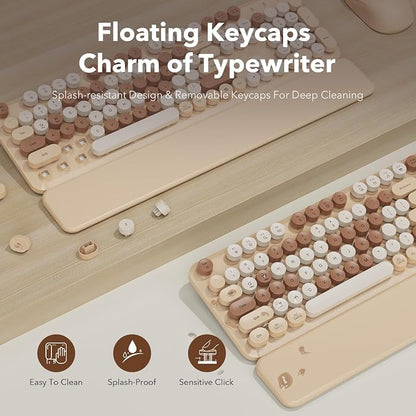 Wireless Keyboard and Mouse Combo, Round Keycaps, Full-Size Retro Typewriter-Style Keyboard with Magnetic Wrist Rest, Tilt Legs, 2.4GHz Cordless for Mac, Windows PC, Laptop, SABLUTE CK23, Latte Beige