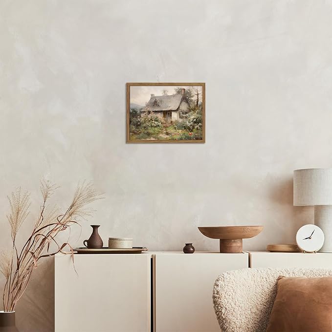 Framed Farmhouse Wall Decor, Country Cottage Pictures Wall Art, Pastoral Nature Landscape Canvas Print, Vintage Farm House Oil Painting Artwork for Bedroom Living Room – 8x10 inch