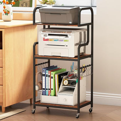 GOFLAME 3-Tier Mobile Printer Stand, Rolling Printer Table with Storage Shelves, 10 S-Shaped Hooks, Lockable Wheels, Home Office Rolling Cart for Shredder, Scanner, Fax (Rustic Brown + Black)