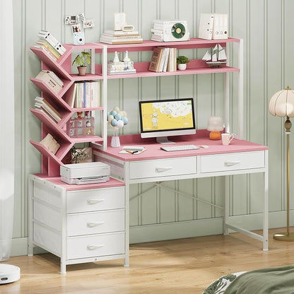 YOMILUVE Reversible Computer Desk with Hutch, Home Office Desk with 5 Drawers and Bookshelf, 52'' Study Writing Desk with Storage Shelves for Bedroom Home Office, Pink