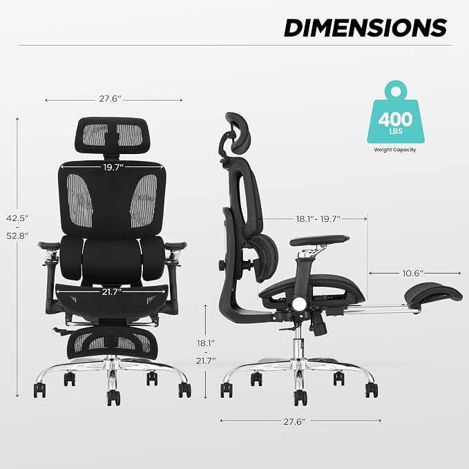 Ergonomic Office Chair with 3-Zone Dynamic Lumbar Support, Big and Tall Office Chair with Footrest, Adjustable Seat Depth,4D Headrest,6D Armrests, Swivel Executive Chair for Home Office,Black