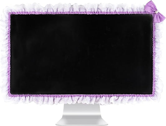 32"-38" Lovely Cute Computer Monitor Cover with Lovely Cute Elastic Pen Pocket Bow-knot TV LCD Screen Monitor Decoration Dust Cover Protector, Lace Fabric - purple