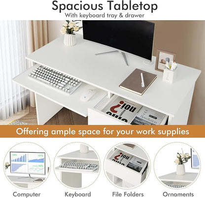 Tangkula White Desk with Drawer, Wooden Computer Desk with Pull-Out Keyboard Tray & Adjustable Storage Shelves, Modern Laptop PC Desk with CPU Stand, Writing Study Desk for Bedroom (White)